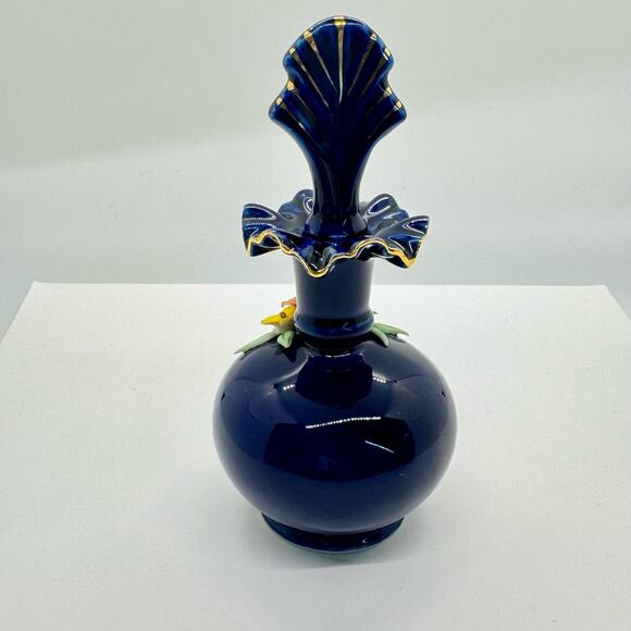 Decorative Perfume Bottle w/ Stopper Rose Flower Cobalt Blue Gold Ruffle Trim - Picture 3 of 10